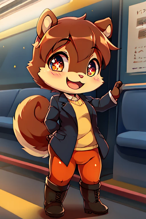boy, squirrel, furry, bodyfur, blazer, bottomless, color tights, gloves, boots, chibi, happy, sparkling eyes, train, 