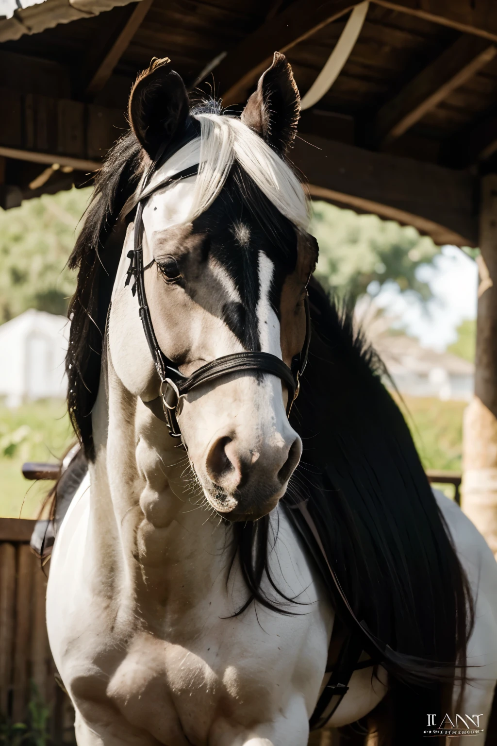 Stallion with black tail and mane, grossas e muito longas, de linhagem espanhola. Its elegantly formed head is black, raised proudly, the neck is long and muscular with small oval white dots among the black fur., e aumentavam ao longo do profundo peito, ombros e ventre, until they disappear, na profundidade negra: entretanto, nos flancos do cavalo, white is the dominant color. Grandes pontos ovais negros se distinguem contra o branco da garupa e das pernas traseiras do cavalo.