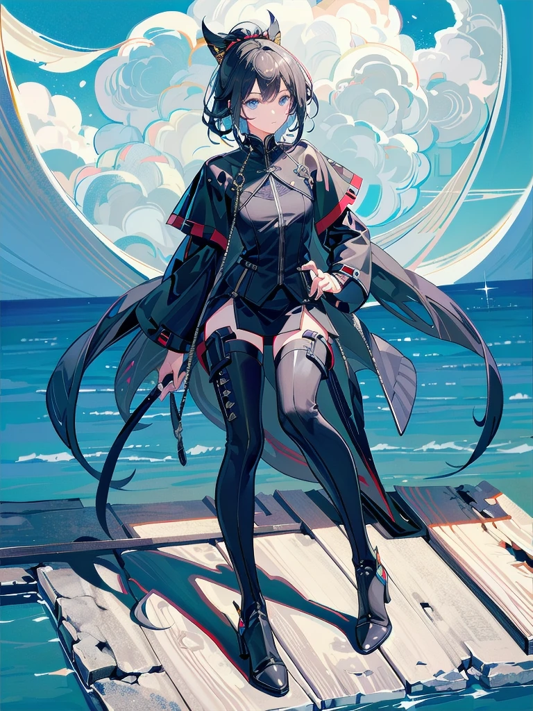 long blue great sword, Ruins, tech boots, black jacket, samurai, absurdres, RAW photo, extremely delicate and beautiful, masterpiece, Best Quality, ultra high resolution, 32k, hyperrealistic, ultra-detailed, tearful mole, earring, short medium hair, wavy hair, whole body,