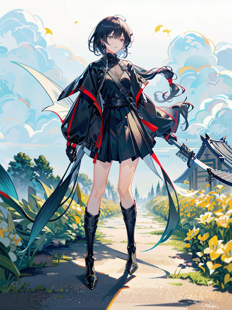 long blue great sword, Ruins, tech boots, black jacket, samurai, absurdres, RAW photo, extremely delicate and beautiful, masterpiece, Best Quality, ultra high resolution, 32k, hyperrealistic, ultra-detailed, tearful mole, earring, short medium hair, wavy hair, whole body,