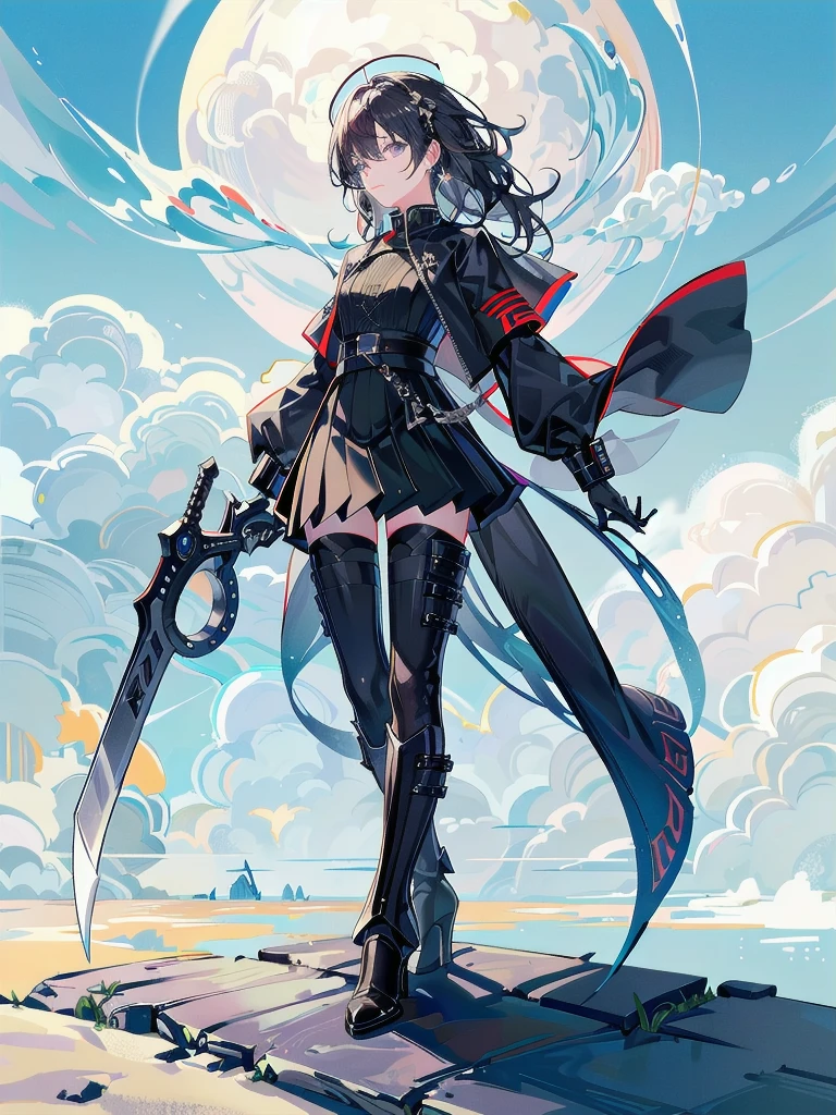 long blue great sword, Ruins, tech boots, black jacket, samurai, absurdres, RAW photo, extremely delicate and beautiful, masterpiece, Best Quality, ultra high resolution, 32k, hyperrealistic, ultra-detailed, tearful mole, earring, short medium hair, wavy hair, whole body, 