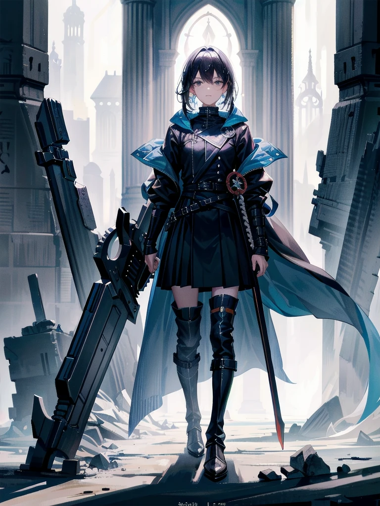 long blue great sword, Ruins, tech boots, black jacket, samurai, absurdres, RAW photo, extremely delicate and beautiful, masterpiece, Best Quality, ultra high resolution, 32k, hyperrealistic, ultra-detailed, tearful mole, earring, short medium hair, wavy hair, whole body, 