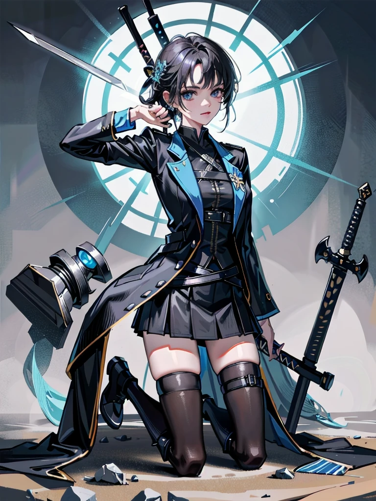 long blue great sword, Ruins, tech boots, black jacket, samurai, absurdres, RAW photo, extremely delicate and beautiful, masterpiece, Best Quality, ultra high resolution, 32k, hyperrealistic, ultra-detailed, tearful mole, earring, short medium hair, wavy hair, whole body,