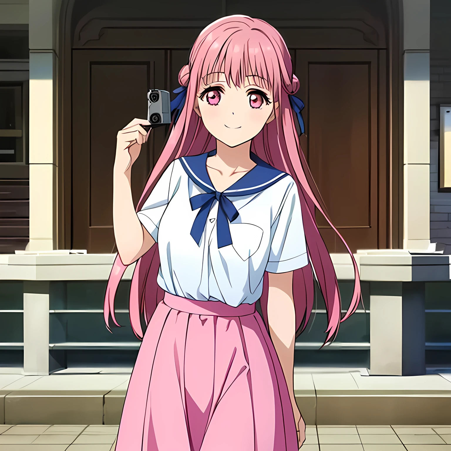 highest quality, (masterpiece:1.2), Very detailed, ((3Beautiful girl of the person)), ((Very beautiful girl in uniform3A fashion model is looking at the camera and smiling)), (()), (((Beautiful long, very shiny peach-colored hair))), She has a big yellow ribbon in her hair., ((Navy blue sailor suit)), ((Navy blue pleated long skirt)), ((((Very beautiful and shining deep pink eyes)))), ((Very long eyelashes)), A large crimson ribbon on the chest, ((An elegant expression like a noble princess)), (((A beautiful and enchanting smile))), Very good posture, ((Half Up)), ((Shooting from behind)), Wind