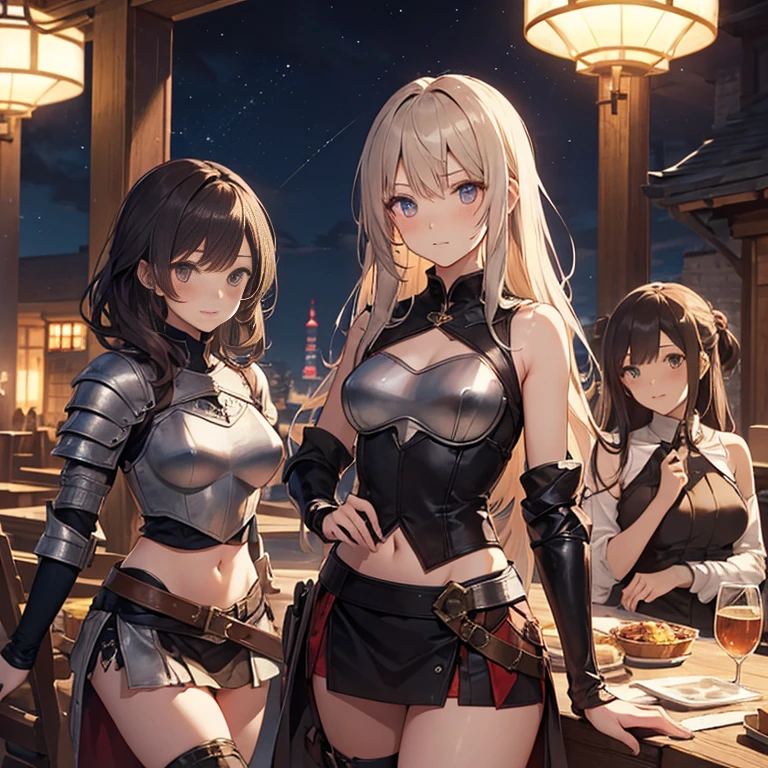 A group of female medieval fantasy adventurers, (in tavern), various hair styles, harem, night, details face, short skirt, seducing, sleeveless, armor, midriff