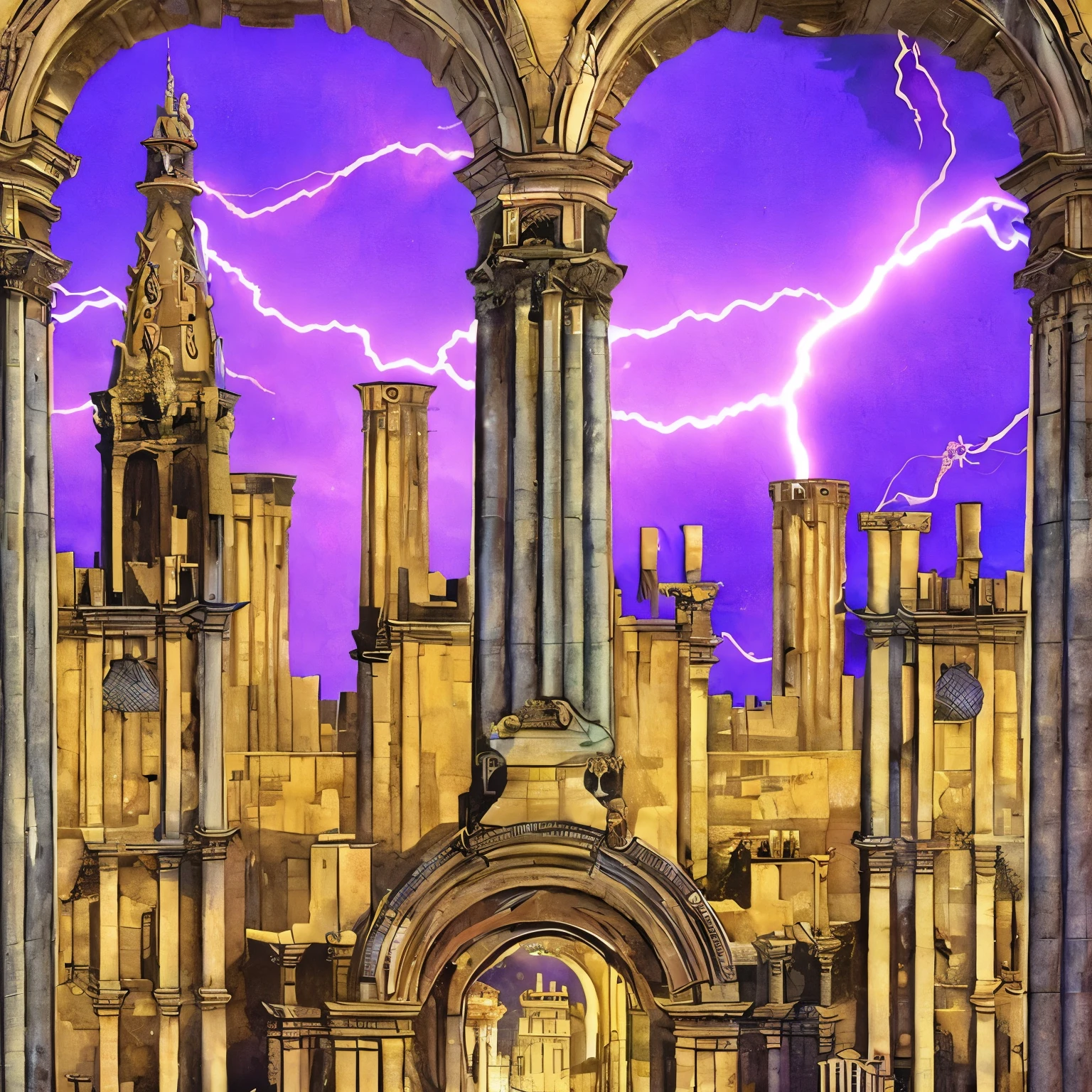 Castlevania 1930s Art deco buildings,100 bits of bright blue lightning,OCP tower Giga buildings 100,000 floors tall,Giant buildings,Steam punk towers,Giant towers 2km tall,Dark stormy sky lighting bright purple ghostbusters building huge structures portal in sky