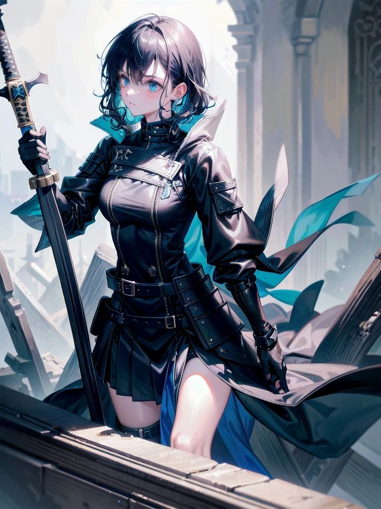 long blue great sword, Ruins, tech boots, black jacket, samurai, absurdres, RAW photo, extremely delicate and beautiful, masterpiece, Best Quality, ultra high resolution, 32k, hyperrealistic, ultra-detailed, tearful mole, earring, short medium hair, wavy hair, whole body,