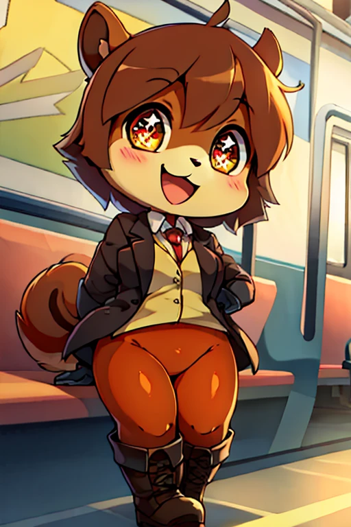 boy, squirrel, furry, bodyfur, blazer, bottomless, color tights, gloves, boots, chibi, happy, sparkling eyes, from behind, standing, against wall, facing away, outstretched hand, looking back, train