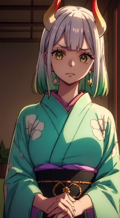 1girl, yamato_5000, white hair, green hair, gradient hair, horns, wanostyle, ring earrings, ((masterpiece)), ((best quality)), extremely detailed, bloom, kimono, traditional clothing, depth of field, sketch, dark intense shadows, sharp focus, soft lighting, hdr, colorful, good composition, solo, indoors, upper body,