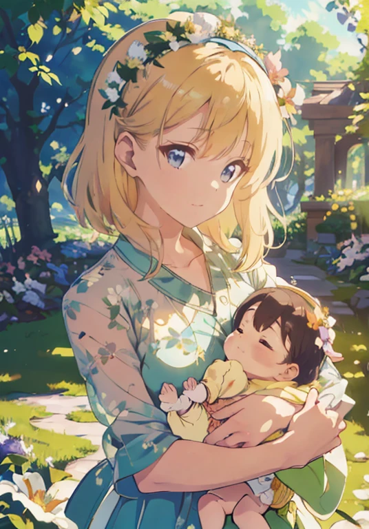 doting mother holding a baby,gently cradling baby in her arms,nurturing care for little ,warm motherly embrace,gentle touch of a mother's hands,affectionate gaze from mother's eyes,soft and delicate baby skin,sweet and innocent smile of the baby,adorned with a floral headband,loving bond between mother and ,peaceful and serene atmosphere,beautiful garden in bloom,colorful flowers in vibrant hues,lush green grass and blooming trees,sparkling sunlight filtering through the leaves,ethereal and dreamy ambiance,impressionist painting style,soft brushstrokes and vibrant colors of oil painting,warm and harmonious color palette,subtle play of light and shadows,masterpiece:1.2,ultra-detailed,realistic:1.37,vivid colors,sharp focus,studio lighting.