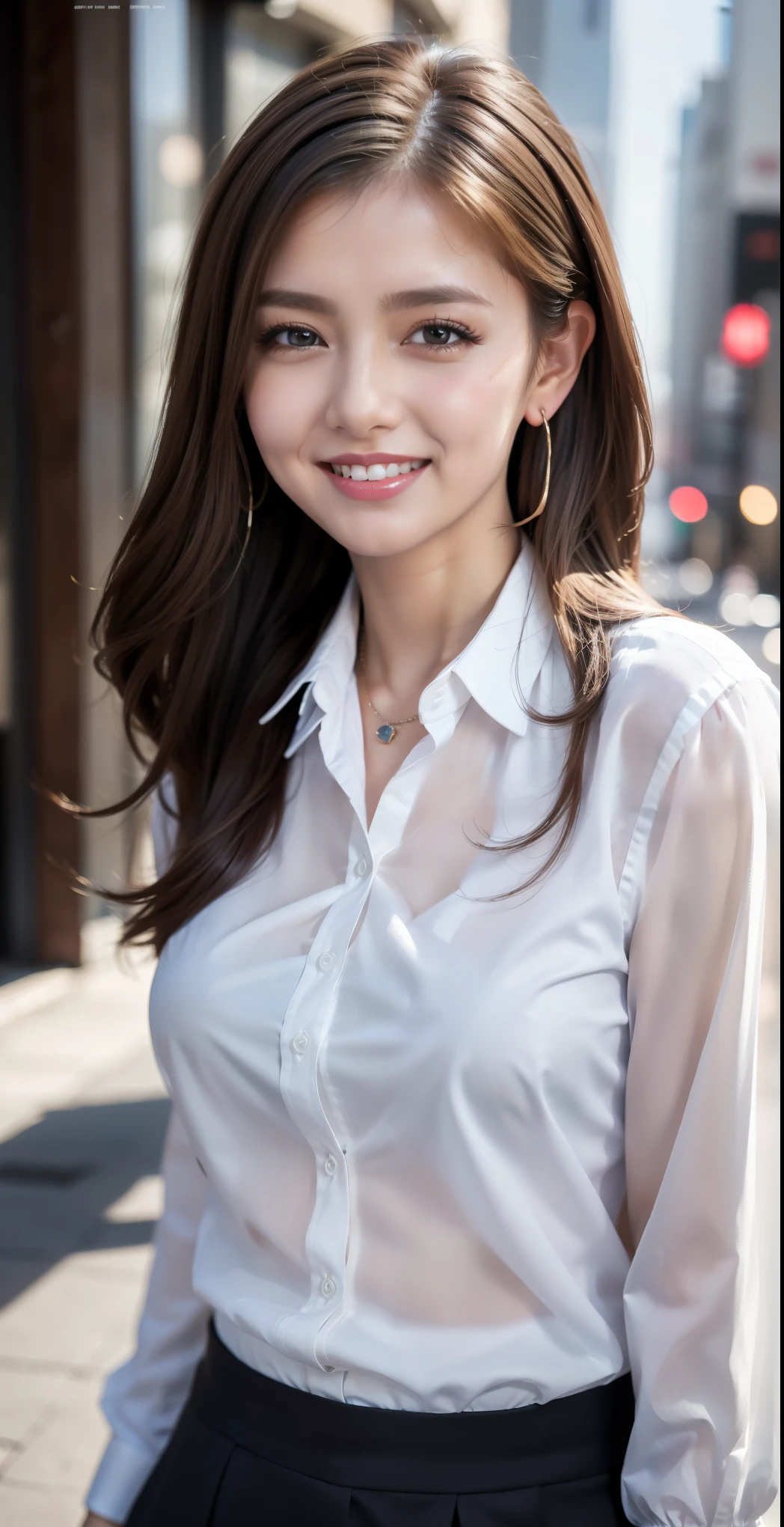(masterpiece, highest quality, Realistic, Very detailed, In detail, High resolution, 8k wallpaper), Close up portrait of beautiful woman, Standing in the city, Earrings, necklace, Laughing happily, Light brown messy long hair, Wearing a black business suit, White collared see-through blouse,Blouse unbuttoned to the chest,Sharp Focus, Large Breasts, Perfect dynamic composition, Beautiful fine details, Detailed Hair, Detailed and realistic skin texture, Fashion magazine cover, Professional photography, ,xx mix_girl