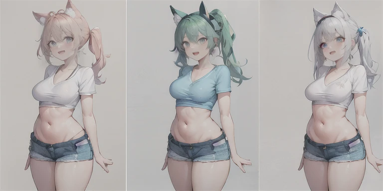 1 garota, :d, curativo, curativo_sobre_joelho, franja, apenas_ombros, Azul_cabelo, Azul_marinheiro_colarinho, Azul_Shorts, corar, branco pink cat ears, colarinhobsobree, cortar_principal, presa, cabeloclip, joelhohighs, lsobreg_cabelo, barriga, umbigo, sobree_lado_acima, abrir_boca, vermelho_olhos, marinheiro_colarinho, Camisa, sapato, Shorts, sem mangas, sem mangas_Camisa, pequeno_seios, sorriso, tennis, meias, Sozinho, standing, faixa de suor, dois_lado_acima, branco_pants, branco_Camisa, (branco_Fundo:1.6)multiple views,completo_corpo