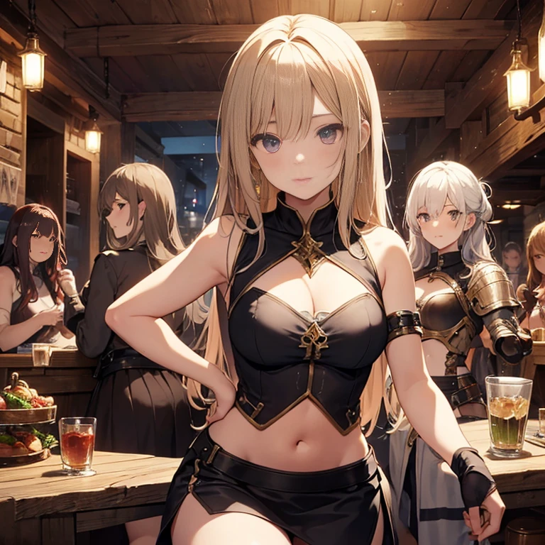 A group of female medieval fantasy adventurers, (in tavern), various hair styles, harem, night, details face, short skirt, seducing, sleeveless, armor, midriff