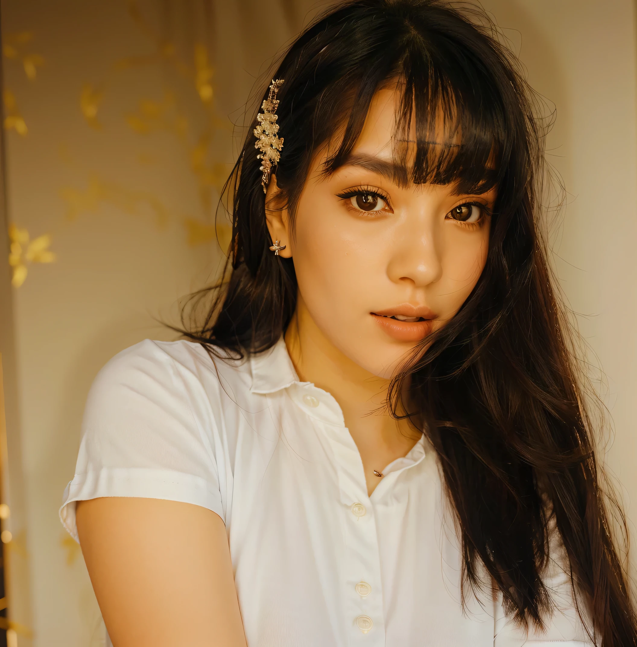 there is a woman with long hair wearing a white shirt, com franja, she has black hair com franja, franja romba cai na testa, neat hair com franja, com franja completa, headshot imagem de perfilture, testa grande, black hair and Franja branca, a young Asian woman, Franja branca, 🤤 retrato de , imagem de perfil, cabelo castanho e franja, franja reta