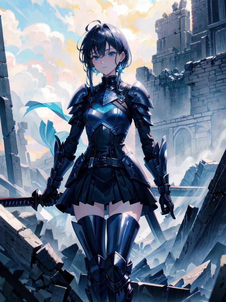 long blue great sword, Ruins, tech boots, black jacket, samurai, absurdres, RAW photo, extremely delicate and beautiful, masterpiece, Best Quality, ultra high resolution, 32k, hyperrealistic, ultra-detailed, tearful mole, earring, short medium hair, wavy hair, whole body,