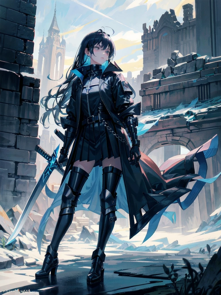 long blue great sword, Ruins, tech boots, black jacket, samurai, absurdres, RAW photo, extremely delicate and beautiful, masterpiece, Best Quality, ultra high resolution, 32k, hyperrealistic, ultra-detailed, tearful mole, earring, short medium hair, wavy hair, whole body, 