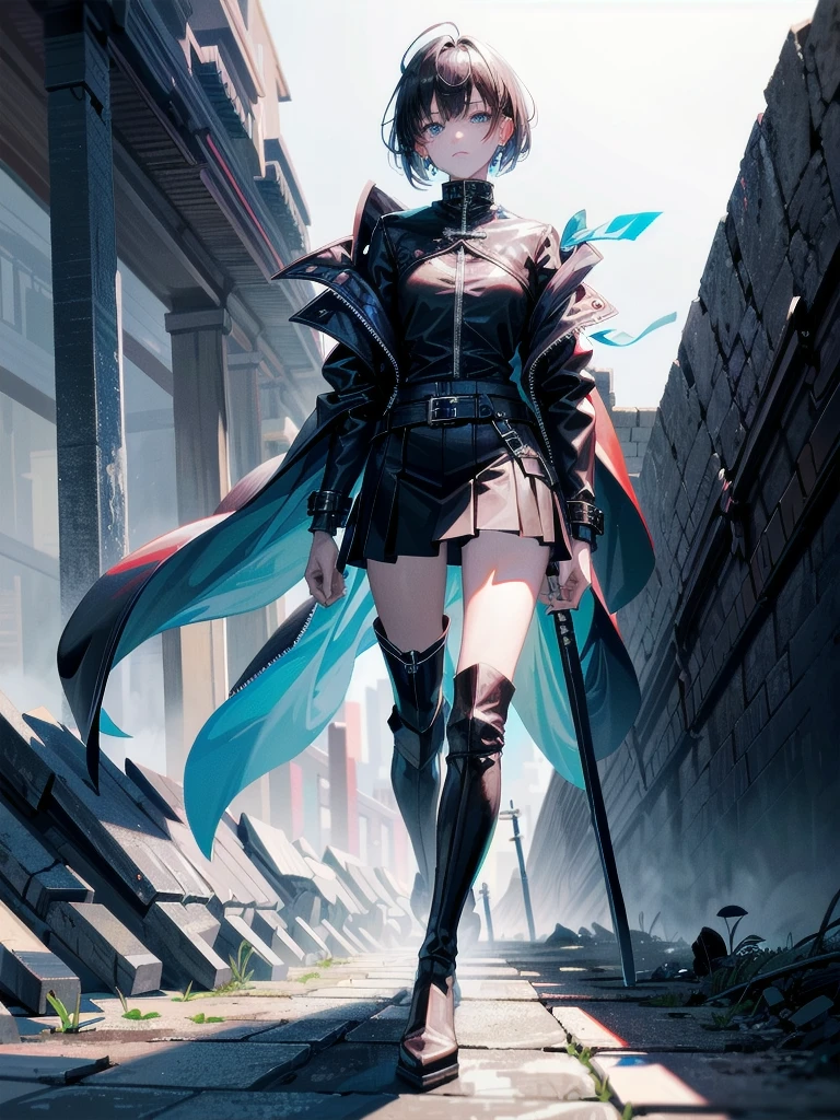 long blue great sword, Ruins, tech boots, black jacket, samurai, absurdres, RAW photo, extremely delicate and beautiful, masterpiece, Best Quality, ultra high resolution, 32k, hyperrealistic, ultra-detailed, tearful mole, earring, short medium hair, wavy hair, whole body,