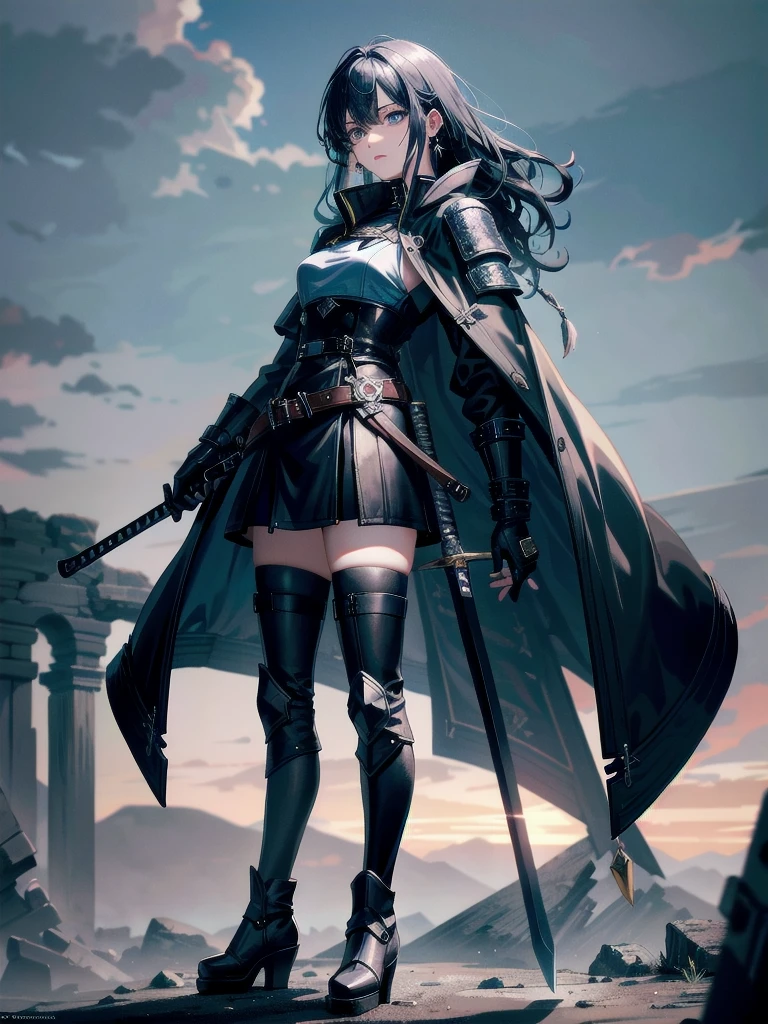 long blue great sword, Ruins, tech boots, black jacket, samurai, absurdres, RAW photo, extremely delicate and beautiful, masterpiece, Best Quality, ultra high resolution, 32k, hyperrealistic, ultra-detailed, tearful mole, earring, short medium hair, wavy hair, whole body,