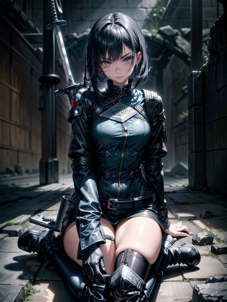 long blue great sword, Ruins, tech boots, black jacket, samurai, absurdres, RAW photo, extremely delicate and beautiful, masterpiece, Best Quality, ultra high resolution, 32k, hyperrealistic, ultra-detailed, tearful mole, earring, short medium hair, wavy hair, whole body,
