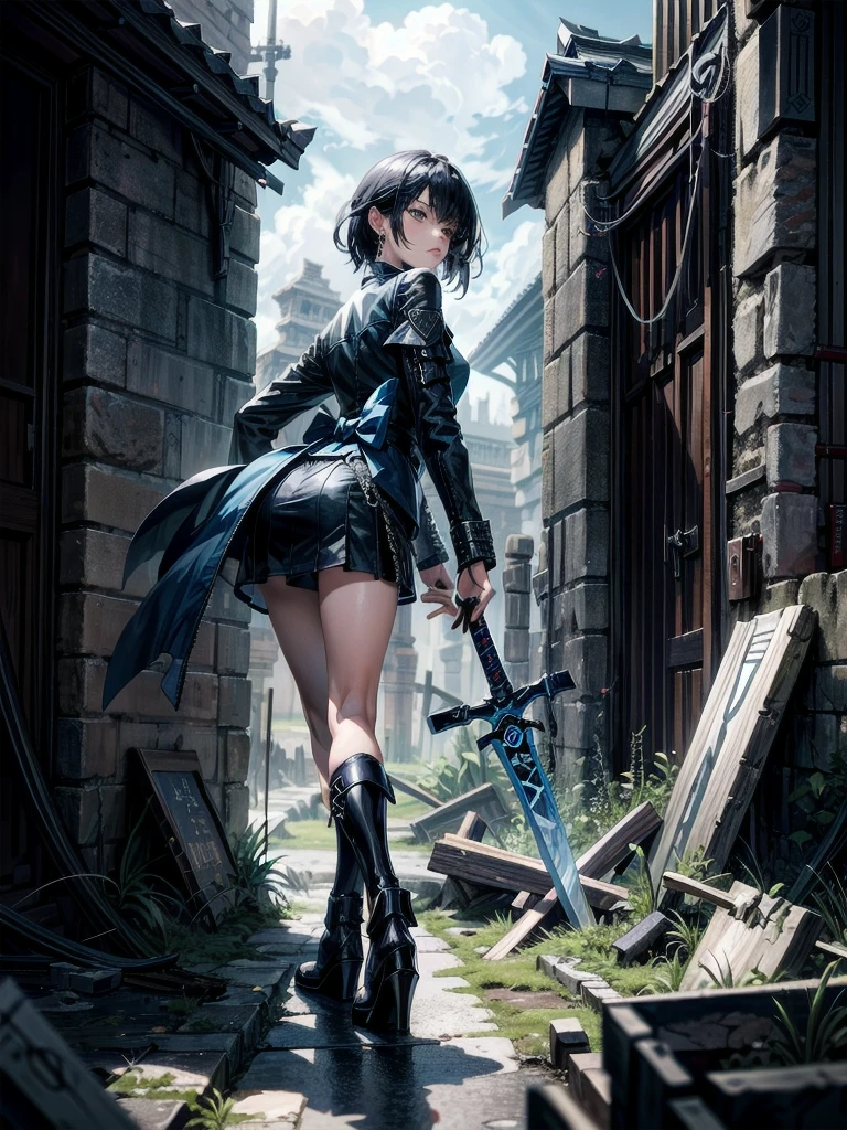 long blue great sword, Ruins, tech boots, black jacket, samurai, absurdres, RAW photo, extremely delicate and beautiful, masterpiece, Best Quality, ultra high resolution, 32k, hyperrealistic, ultra-detailed, tearful mole, earring, short medium hair, wavy hair, whole body,