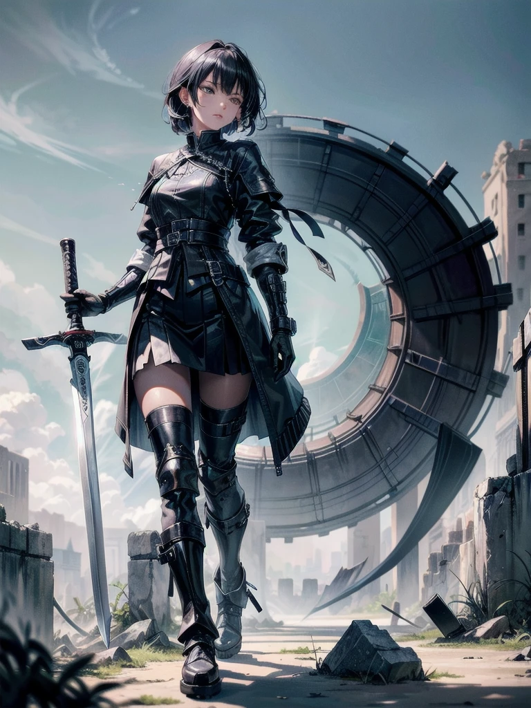 long blue great sword, Ruins, tech boots, black jacket, samurai, absurdres, RAW photo, extremely delicate and beautiful, masterpiece, Best Quality, ultra high resolution, 32k, hyperrealistic, ultra-detailed, tearful mole, earring, short medium hair, wavy hair, whole body, 