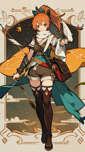 Victorian style, British background, full body picture, figure, Standing image,Full body picture,figure设定图,Three views of charactermorpg,Apricot hair,High Ponytail,Holding a bow and arrow,Archer,1 girl,Imperial sister body type,Carrying a bow and arrow bag on the back,Western Fantasy Adventure,西幻Archer,Brown shorts,feather,Thigh-high boots that go above the knee,Teal long tattered scarf,Arm Guard,travelling poet,Owl on shoulder,Tassel decoration,Ethnic headdress。