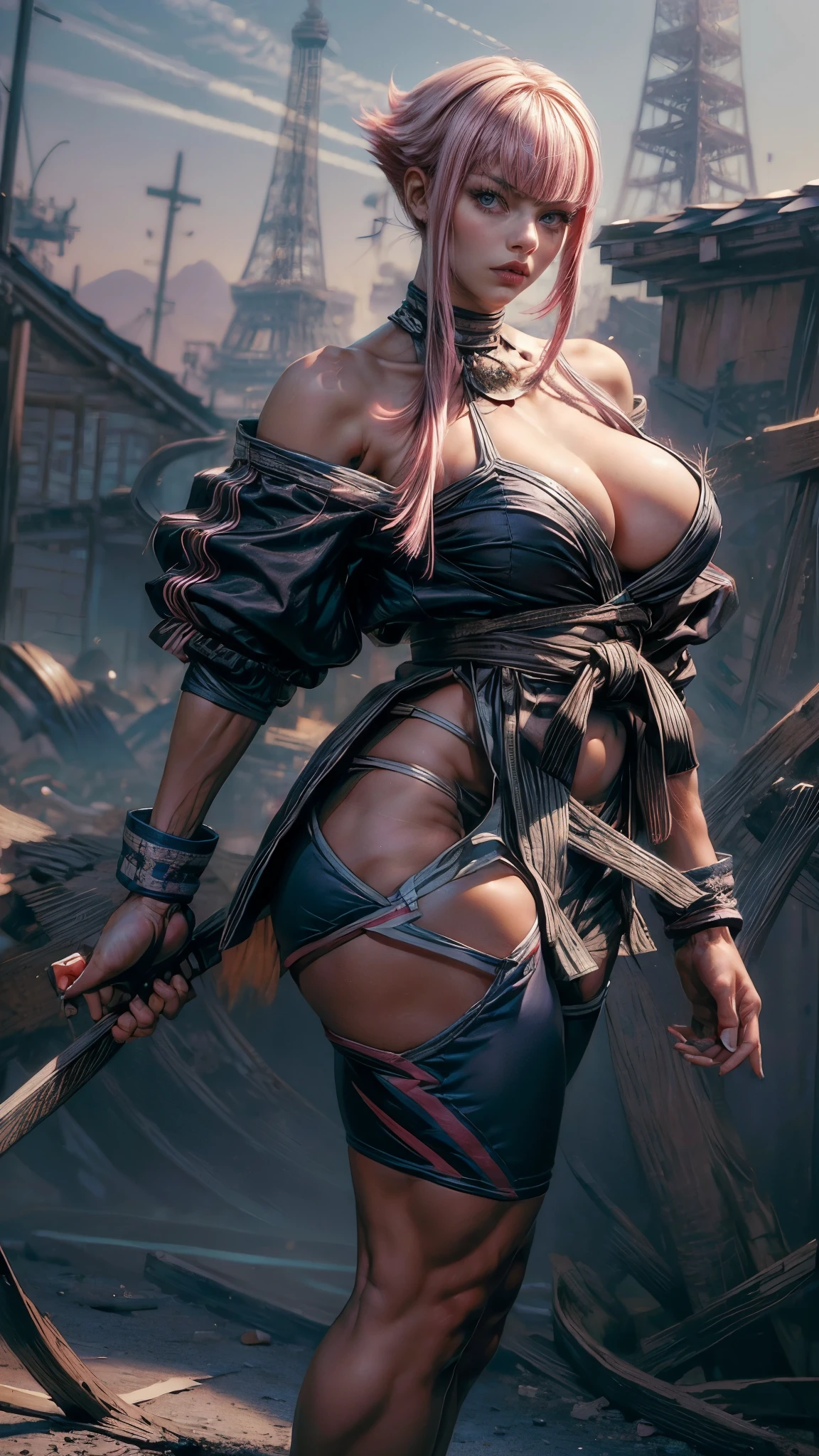 (masterpiece, best quality:1.2) 1girl, solo, looking at viewer, manon, sf6, pink hair, short hair with long locks, bangs, blue eyes, lips, large breasts, thick thighs, curvy hips, halterneck, dougi, hip vent, off shoulder, martial arts belt, shorts, (dynamic angle, fighting stance, leg up:1.1), 