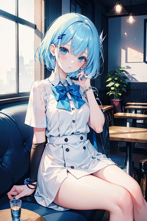 (Best quality, Masterpiece:1.3), sitting comfortably in a cafe, User Chibi-Style, vivid Copic marker anime illustration, maintains a 3:1 head-to-body ratio, 1 girl, short hair, ice blue hair, bangs, blue eyes, future uniform, white and blue with black accents, glowing bracelet, glowing hairpin, no belongings, single object, white background for removing background, full body illustration, Natural Indoor Light, cozy atmosphere.