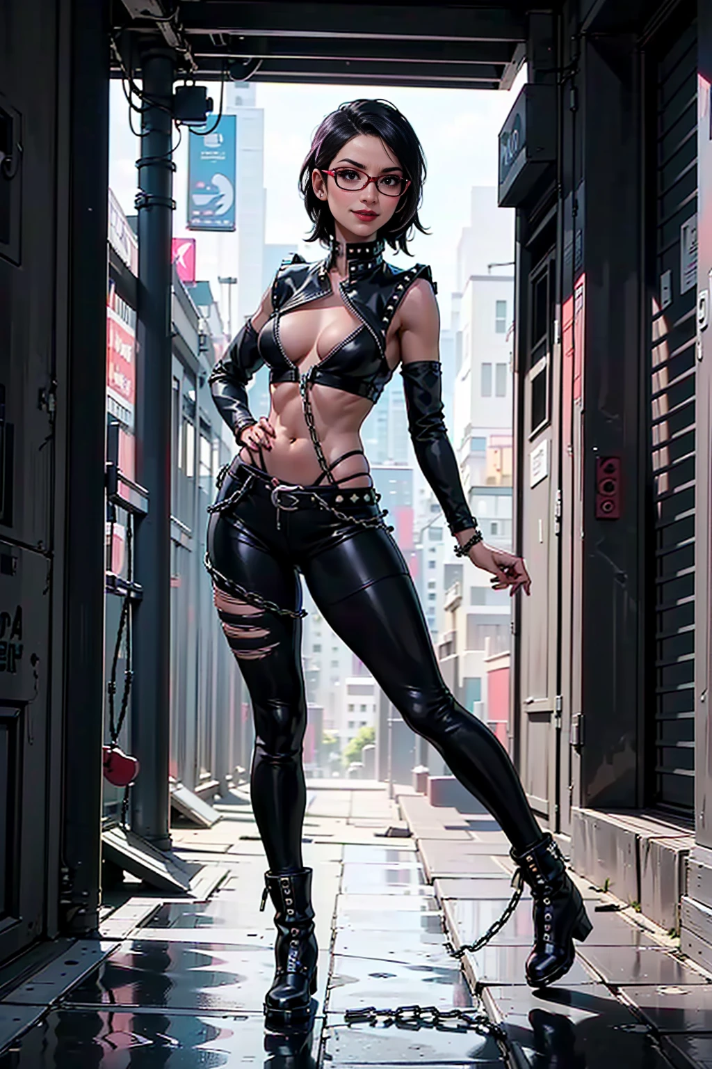 (CristinaBellaQuiron femme), (sexy pose, pose dynamique, Attack pose, random posing), ((corps entier)), ((Armure noire mate, )), (Masterpiece, Best quality), (detailed skin:1.3, Detailed face:1.3), DSLR,, ( Cheveux mi-longs châtain, boucles ojou:1.2), porter des lunettes sexy, yeux bruns, mascara, High resolution, Ultra-pointu, 16k, Masterpiece, Three-sided View, (seductive smile, seductive eyes, seductive face), Plan large,