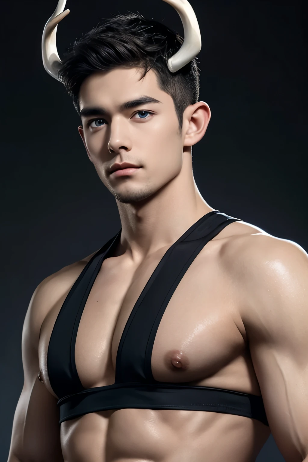 Caucasian man, thin nose, thin lips, blue eyes, black hair, black deer horn on his head, jock putfit, young handsome face, best quality,masterpiece,Ultra high detail,A handsome muscular man, completely black deer horn on his head, topless, black micro thong, with black cloth, black transparent cloth on his deer horn, realistic,Grey background,