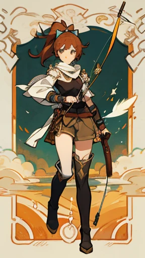 Victorian style, British background, full body picture, figure, Standing image,Full body picture，figure设定图，Three views of charactermorpg，Apricot hair，High Ponytail，Holding a bow and arrow，Archer，1 girl，Imperial sister body type，Carrying a bow and arrow bag on the back，Western Fantasy Adventure，西幻Archer，Brown shorts，feather，Thigh-high boots that go above the knee，Teal long tattered scarf，Arm Guard，travelling poet，Owl on shoulder，Tassel decoration，Tibetan ethnic style。