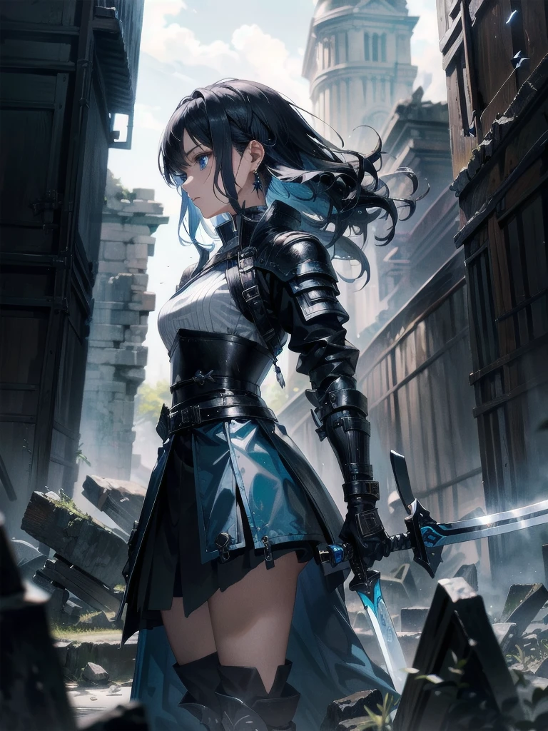 long blue great sword, Ruins, tech boots, black jacket, samurai, absurdres, RAW photo, extremely delicate and beautiful, masterpiece, Best Quality, ultra high resolution, 32k, hyperrealistic, ultra-detailed, tearful mole, earring, short medium hair, wavy hair, whole body, 