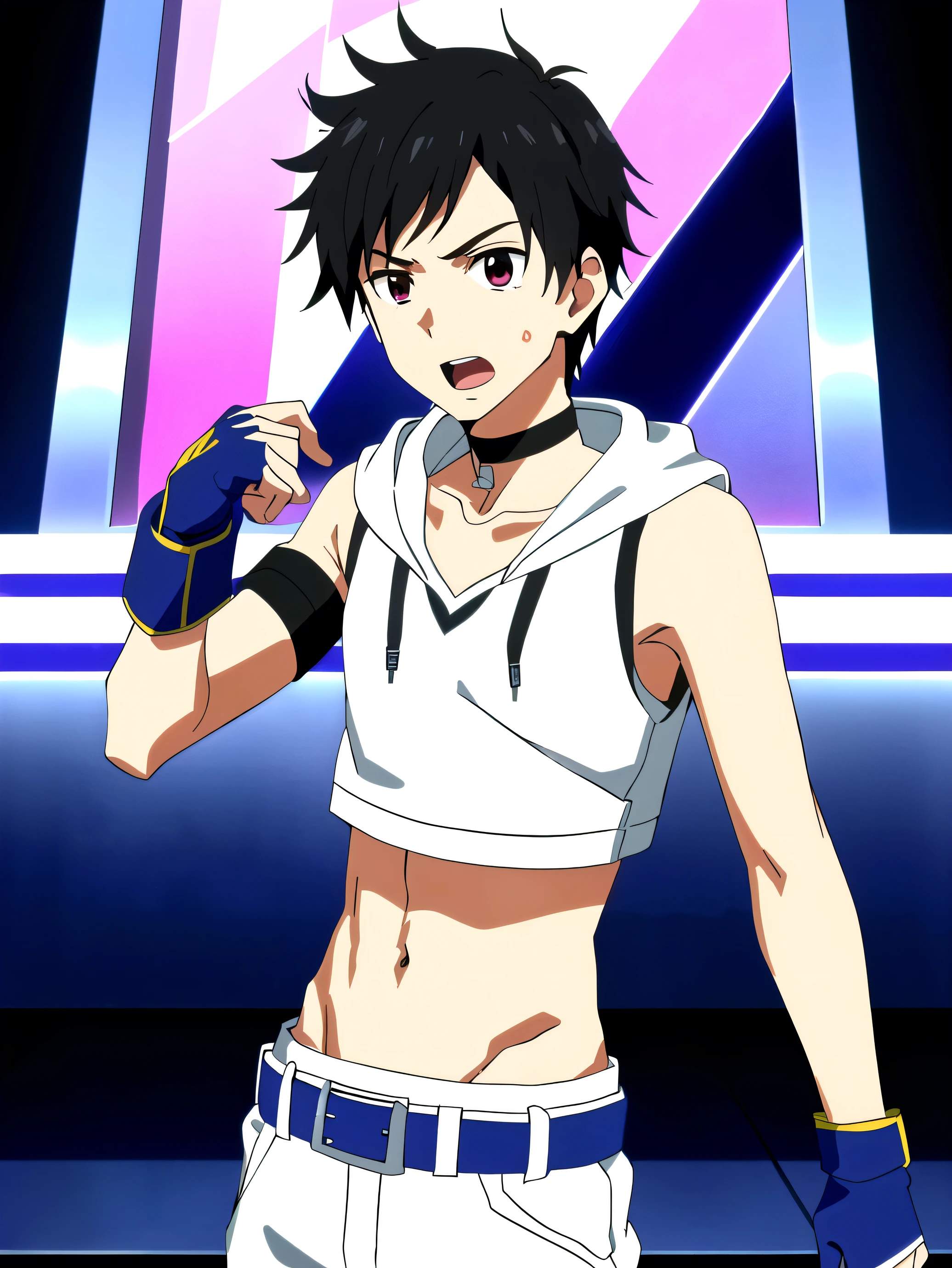 Highres, Masterpiece, Best quality at best,Best Quality,hight quality, hight detailed, 1boy, Boy, Teenage boy, Fluffy hair, Side bangs, Solo person, Sleeveless hoodie, Croptop, Navel, Choker, Glove, Arm cover, Belt, Collarbone, Depth of field, Anime screencap style, thin line, Seductive pose, open mouth,Seen from the front, Little sweat, Kpop, Cute boy, Slim body, 15-year-old boys, Blurry and simple beckground, bokeh, Uhd