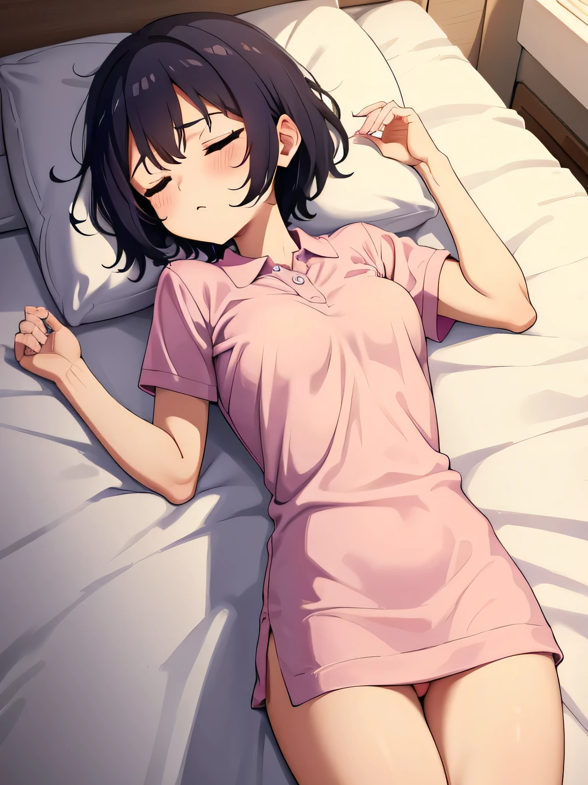 1. Beautiful girl in a pink polo shirt, short hair, Small breasts,Black Hair, No underwear, Hospital Beautiful Cute High Quality Short Sleeves Sleeping in Bed Sleeping Naked