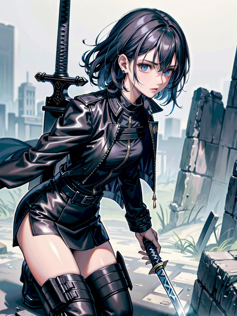 long blue great sword, Ruins, tech boots, black jacket, samurai, absurdres, RAW photo, extremely delicate and beautiful, masterpiece, Best Quality, ultra high resolution, 32k, hyperrealistic, ultra-detailed, tearful mole, earring, short medium hair, wavy hair, whole body, 
