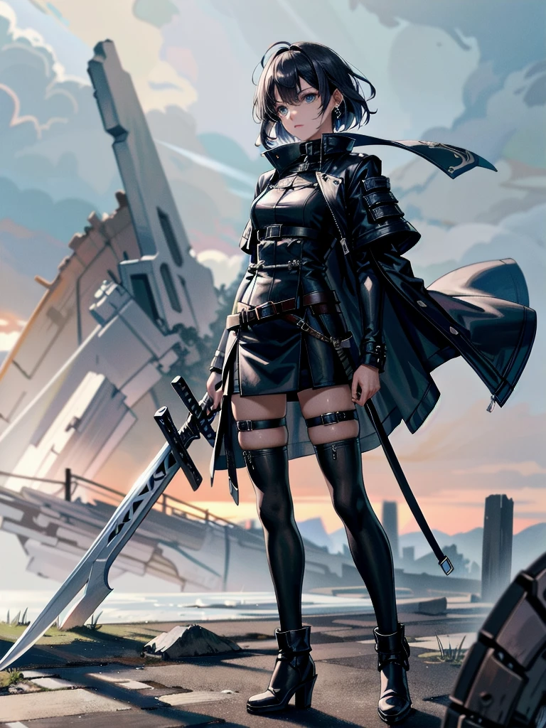long blue great sword, Ruins, tech boots, black jacket, samurai, absurdres, RAW photo, extremely delicate and beautiful, masterpiece, Best Quality, ultra high resolution, 32k, hyperrealistic, ultra-detailed, tearful mole, earring, short medium hair, wavy hair, whole body,