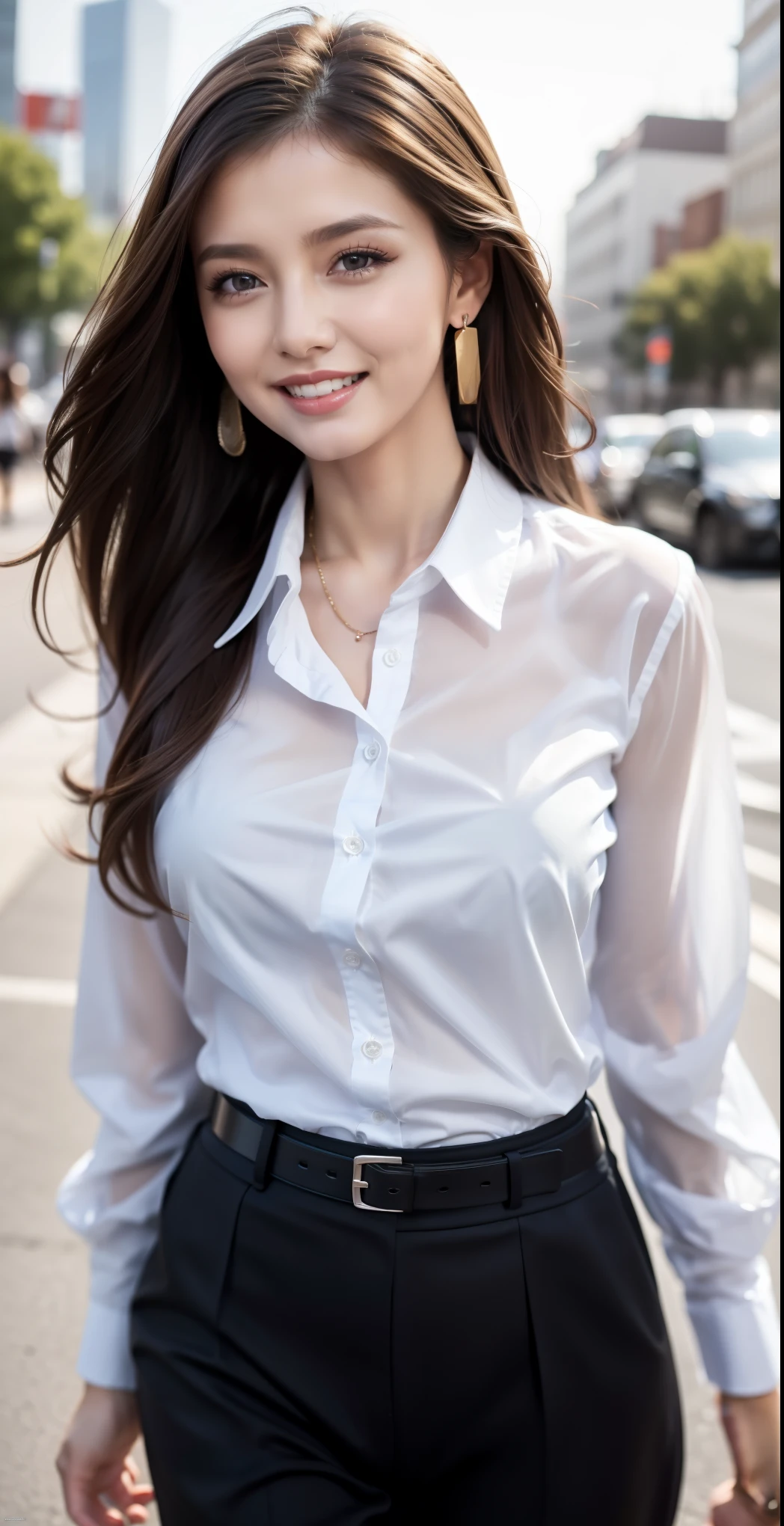 (masterpiece, highest quality, Realistic, Very detailed, In detail, High resolution, 8k wallpaper), Close up portrait of beautiful woman, Standing in the city, Earrings, necklace, Laughing happily, Light brown messy long hair, Wearing a black business suit, White collared see-through shirt, Wearing clothes next to the skin，Blouse unbuttoned down to the chest，Sharp Focus, Large Breasts, Perfect dynamic composition, Beautiful fine details, Detailed Hair, Detailed and realistic skin texture, Fashion magazine cover, Professional photography, ,xx mix_girl