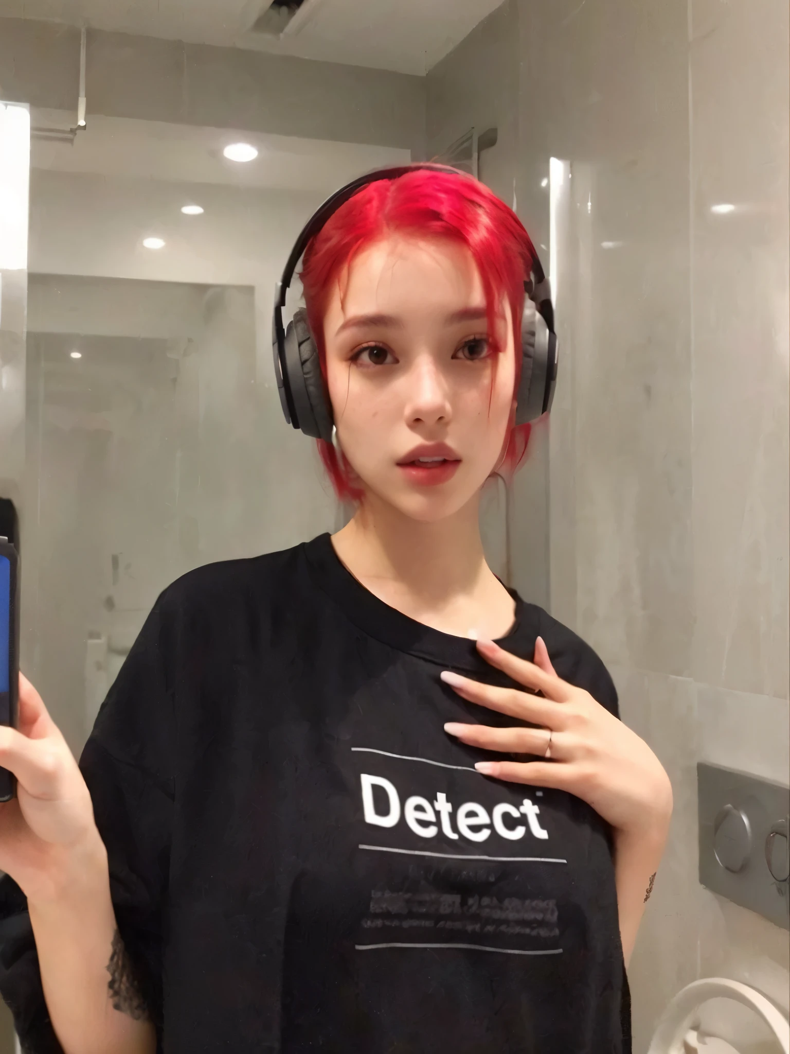 arafed woman Con cabello rojo wearing headphones and holding a cell phone, she parece una mezcla de mugre, Ella tiene el cabello rojo, Con cabello rojo, Dyed Red Hair, amoranto, con auriculares, better known as amoranto, cybernetic aesthetic, parece una mezcla de mugre, peluca roja, perfect android girl, young beautiful amoranto
