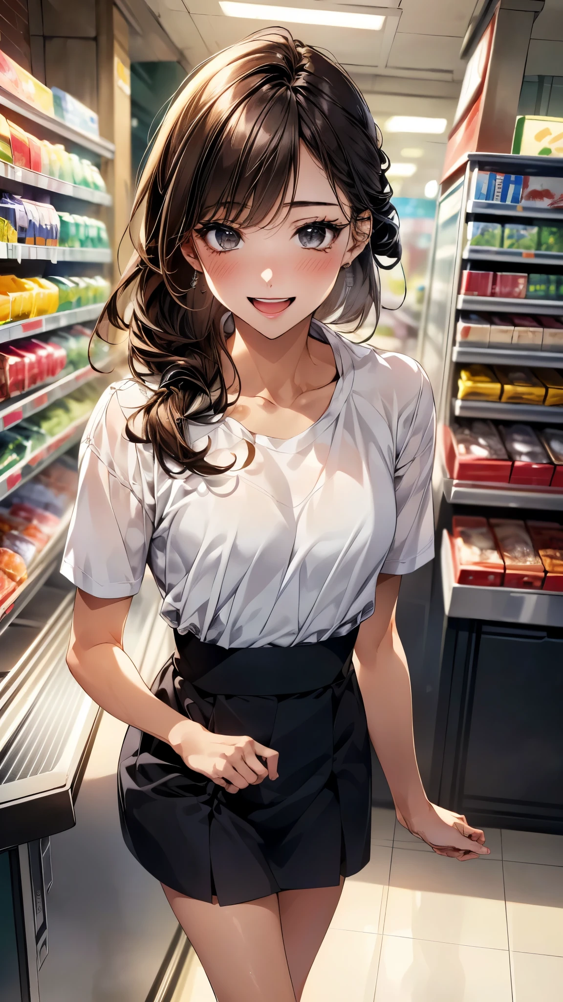 (masterpiece:1.3, top-quality, ultra high res, ultra detailed), (realistic, photorealistic:1.4), beautiful illustration, perfect lighting, natural lighting, colorful, depth of fields,  
beautiful detailed hair, beautiful detailed face, beautiful detailed eyes, beautiful clavicle, beautiful body, beautiful chest, beautiful thigh, beautiful legs, beautiful fingers, shiny skin, babyface, 
looking at viewer, 1 girl, japanese, convenience store clerk, (perfect anatomy, anatomically correct, super detailed skin), cute and symmetrical face, perfect face, perfect eyes, perfect fingers,
(middle hair:1.2, updo hairstyle:1.2, long sidelocks, brown hair), asymmetrical bangs, grey eyes, long eyelashes, (medium breasts, seductive thighs), slender, outstanding style, 
(detailed cloth texture, colorful shirt, convenience store uniforms), 
(beautiful scenery), (displayed items, bright interior, female clerk at the counter, feel-good background music, well-cleaned floors, delicious looking side dishes, items around the cash register), walking, (vibrant, lovely smile, open mouth small), 