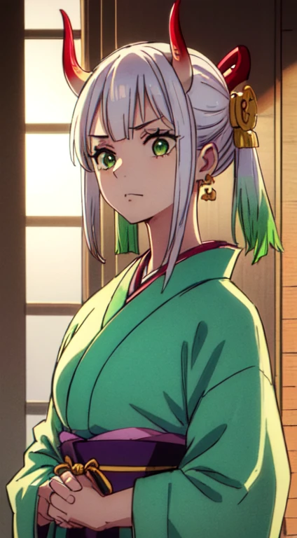 1girl, yamato_5000, white hair, green hair, gradient hair, horns, wanostyle, ring earrings, ((masterpiece)), ((best quality)), extremely detailed, bloom, kimono, traditional clothing, depth of field, sketch, dark intense shadows, sharp focus, soft lighting, hdr, colorful, good composition, solo, indoors, upper body,