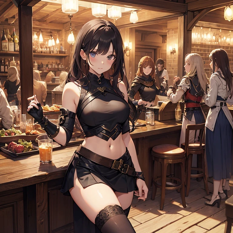 A group of female medieval fantasy adventurers, (in tavern), various hair styles, harem, night, details face, short skirt, seducing, sleeveless, armor, midriff