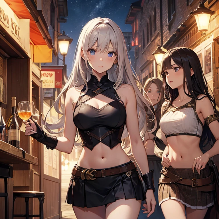 A group of  female medieval fantasy adventurers, (in tavern), various hair styles, harem, night, details face, short skirt, seducing, sleeveless, armor, midriff 