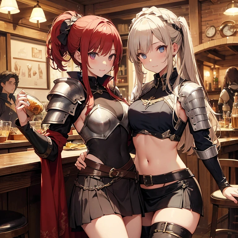 A group of female medieval fantasy adventurers, (in tavern), various hair styles, harem, night, details face, short skirt, seducing, sleeveless, armor, midriff