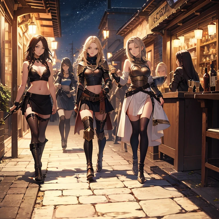 A group of female medieval fantasy adventurers, (in tavern), various hair styles, harem, night, details face, short skirt, seducing, sleeveless, armor, midriff