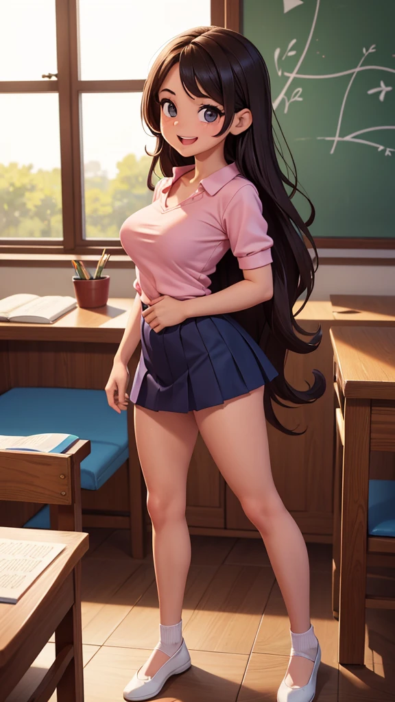 Ultra realistic , two girls, obra maestra, mejor calidad, alta calidad, defined, detailed, HD, (piel morena), ojos definidos, ojos cafes intensos, long eyelashes, small mouth, sonrisa, :D, very long hair, pelo liso, pelo oscuro, cuerpo reducido, bosom barely contained, big breasts, sexy, posando foto, estudio, mini skirt rosa, sin sostenes, no bra, excitada, pezones erectos, libros, sentada, leyendo, nice view, full body, nice body, pink, camisa blanca, camisa ajustada, abierto, mojada, sudada, caliente, tight, sonrojada, nice legs, no socks, sin flequillo, peinada hacia atras, teacher big breasts, pose lasciva, kiss student teacher, petites, no skirts, open legs, fuck