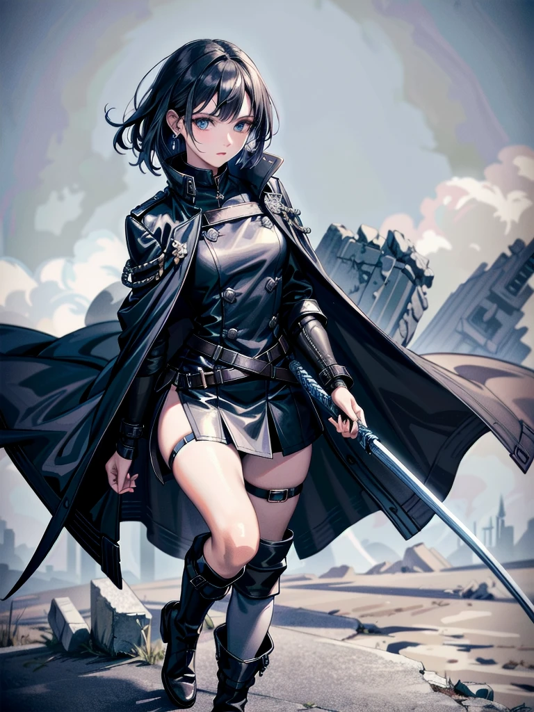 long blue great sword, Ruins, tech boots, black jacket, samurai, absurdres, RAW photo, extremely delicate and beautiful, masterpiece, Best Quality, ultra high resolution, 32k, hyperrealistic, ultra-detailed, detailed beautiful face and eyes, tearful mole, earring, short medium hair, wavy hair, whole body,