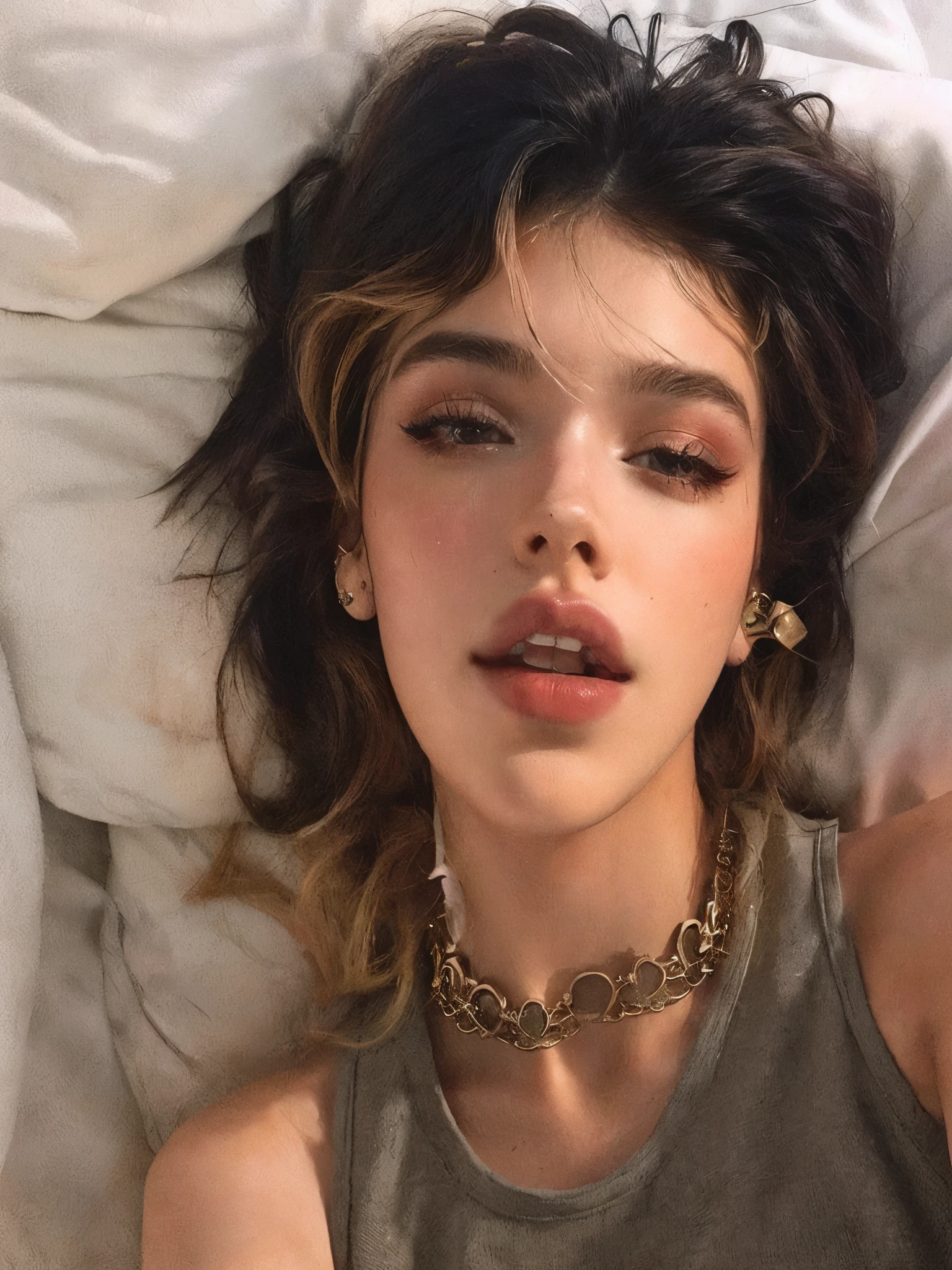 Mujer arafed acostada en la cama con un collar y un estrangulador., sleepy model face, cara sexy, Dua Lipa, cara sexy with full makeup, cara como ester exposito, cerveza suave de la reina del diablo madison, labios sexys :5 con estilo, cara extremadamente hermosa, ella parece una mezcla de grimes, small heart shaped face, modelo de instagram, bella thorne