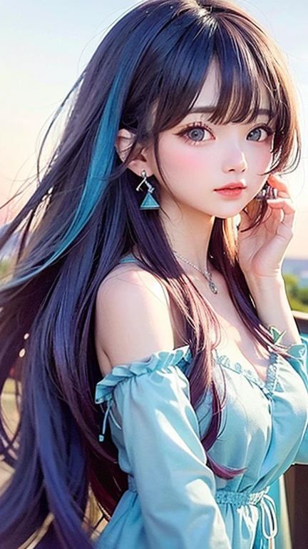 Turquoise eyes、(highest quality, masterpiece), One girl, Pause, particle, Wind, flower, Upper Body, Simple Background, View your viewers, , Milky Way,smile、((See-through、pink、blouse))mysterious、(Silver Long Hair、curl、Some have red hair)、Earrings、Twin tails、blue sky、smile、Feeling embarrassed、Waiting for a kiss
