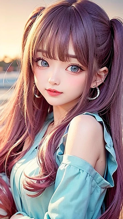 Turquoise eyes、(highest quality, masterpiece), One girl, Pause, particle, Wind, flower, Upper Body, Simple Background, View your viewers, , Milky Way,smile、((See-through、pink、blouse))mysterious、(Silver Long Hair、curl、Some have red hair)、Earrings、Twin tails、blue sky、smile、Feeling embarrassed、Waiting for a kiss