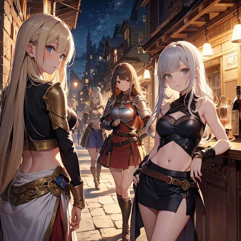 A group of female medieval fantasy adventurers, (in tavern), various hair styles, harem, night, details face, short skirt, seducing, sleeveless, armor, midriff
